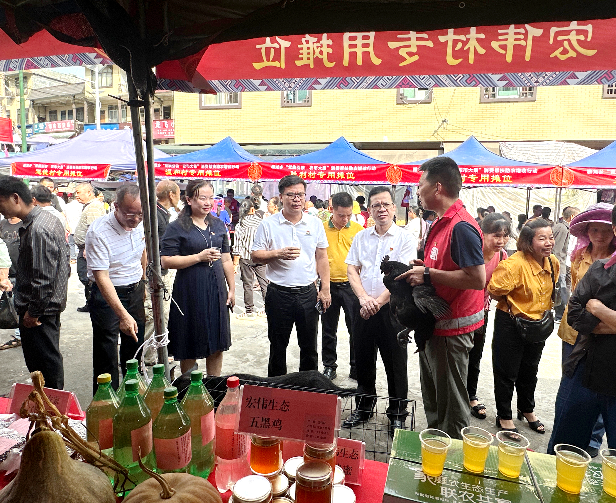 图为驻村第一书记黄福元带领宏伟村参加雅龙乡农市大集，向观展人员介绍宏伟生态五黑鸡.png